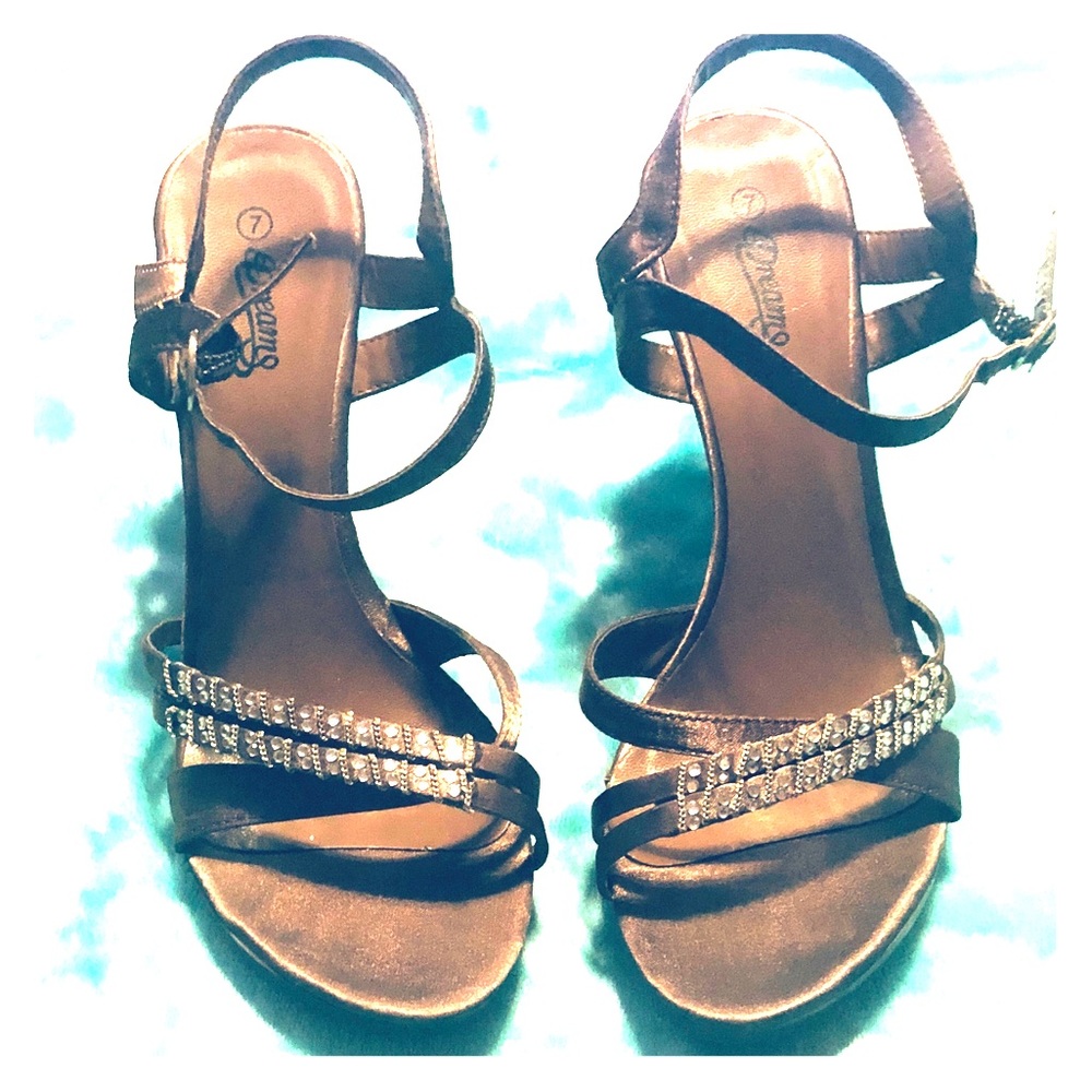 Metallic brown Dreams stilettos with rhinestones.